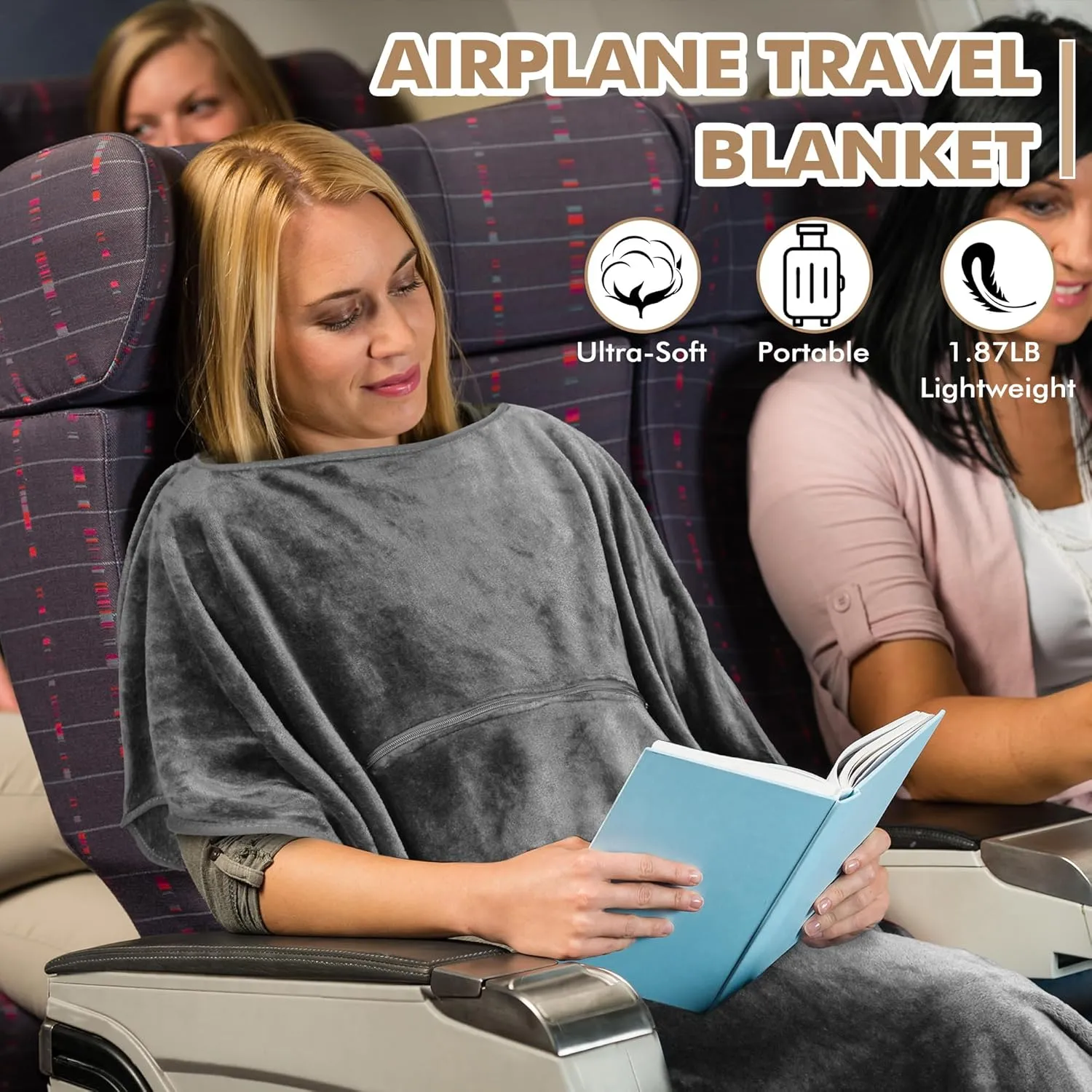 Tirrinia Travel Blanket Airplane Office Poncho 4 in 1 Premium Cozy Fleece Portable Poncho Blankets with Built-in Bag, Pocket
