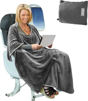 Tirrinia Travel Blanket Airplane Office Poncho 4 in 1 Premium Cozy Fleece Portable Poncho Blankets with Built-in Bag, Pocket