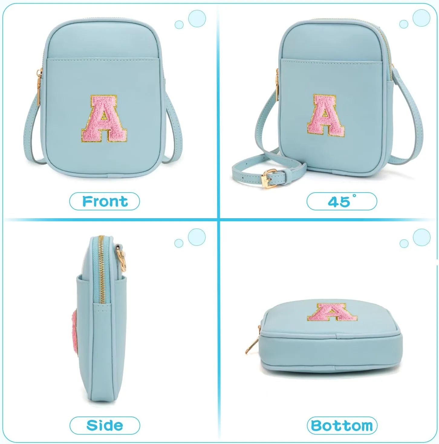 Toddler Purse Initial Crossbody Bags for Girls 3 Pockets PU Leather Cross Body Bag Crossbody Purse Handbag Personalized Preppy Teen Girl Gifts Trendy Stuff (Icing Blue A)