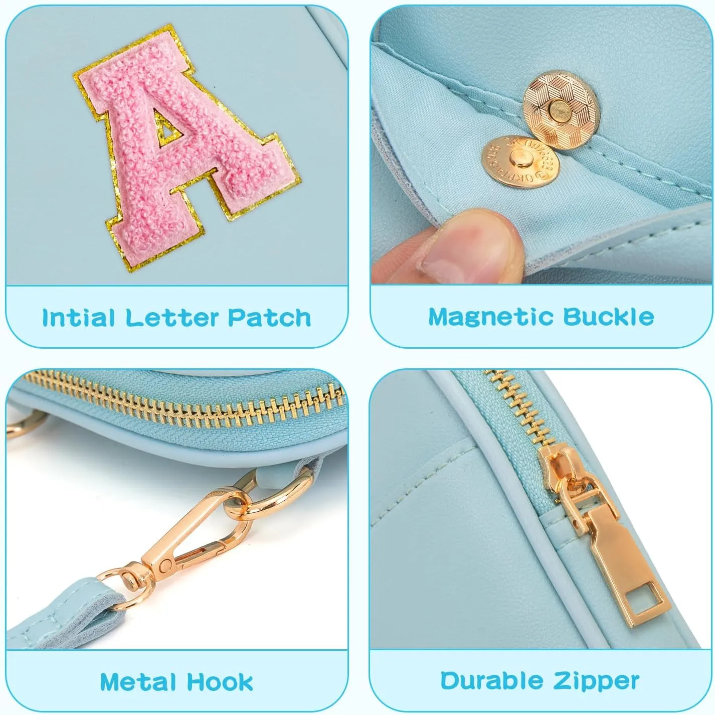 Toddler Purse Initial Crossbody Bags for Girls 3 Pockets PU Leather Cross Body Bag Crossbody Purse Handbag Personalized Preppy Teen Girl Gifts Trendy Stuff (Icing Blue A)