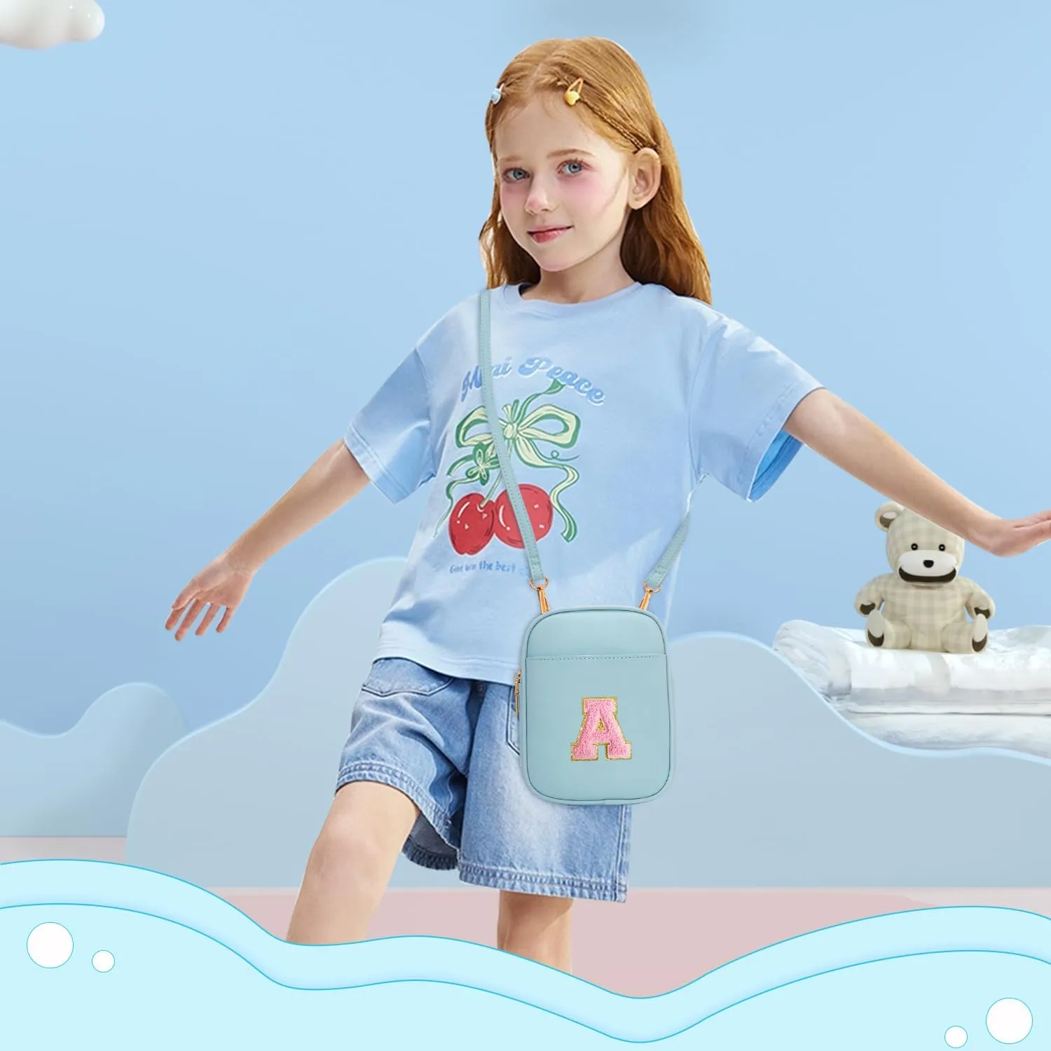 Toddler Purse Initial Crossbody Bags for Girls 3 Pockets PU Leather Cross Body Bag Crossbody Purse Handbag Personalized Preppy Teen Girl Gifts Trendy Stuff (Icing Blue A)