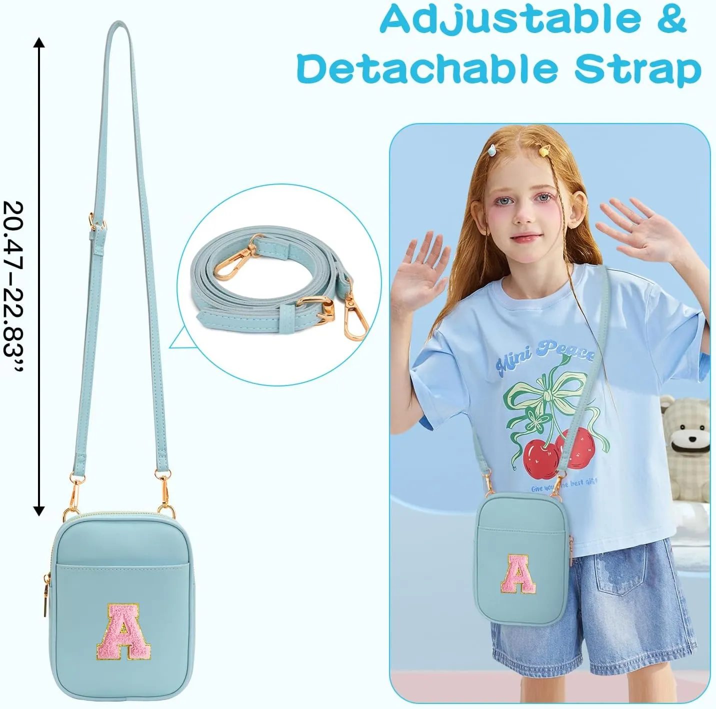Toddler Purse Initial Crossbody Bags for Girls 3 Pockets PU Leather Cross Body Bag Crossbody Purse Handbag Personalized Preppy Teen Girl Gifts Trendy Stuff (Icing Blue A)