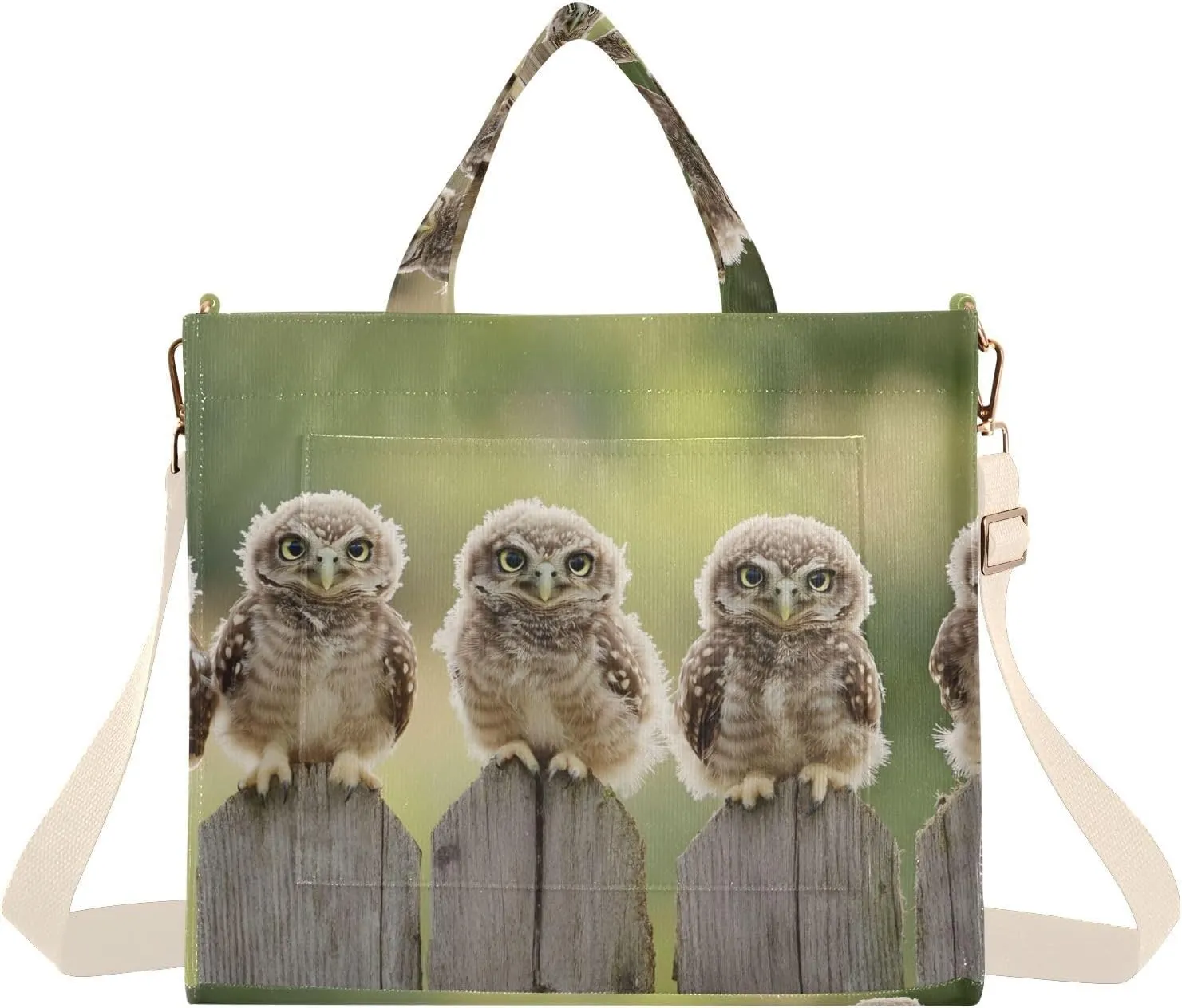Tote Bag for Women Owls on Fence Print, Corduroy Handbag Purses with Detachable Strap Size Small