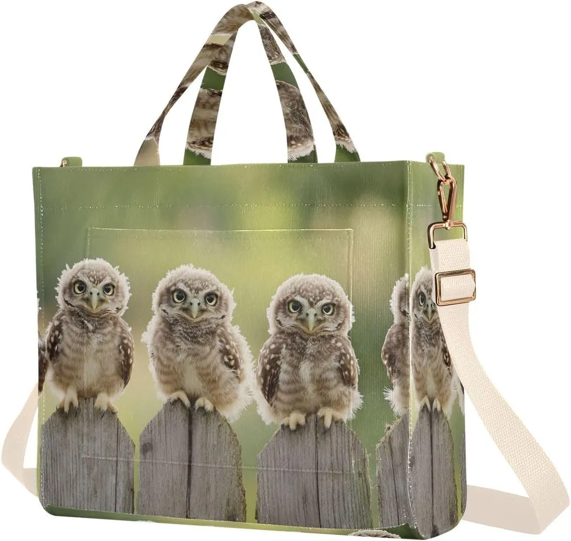 Tote Bag for Women Owls on Fence Print, Corduroy Handbag Purses with Detachable Strap Size Small