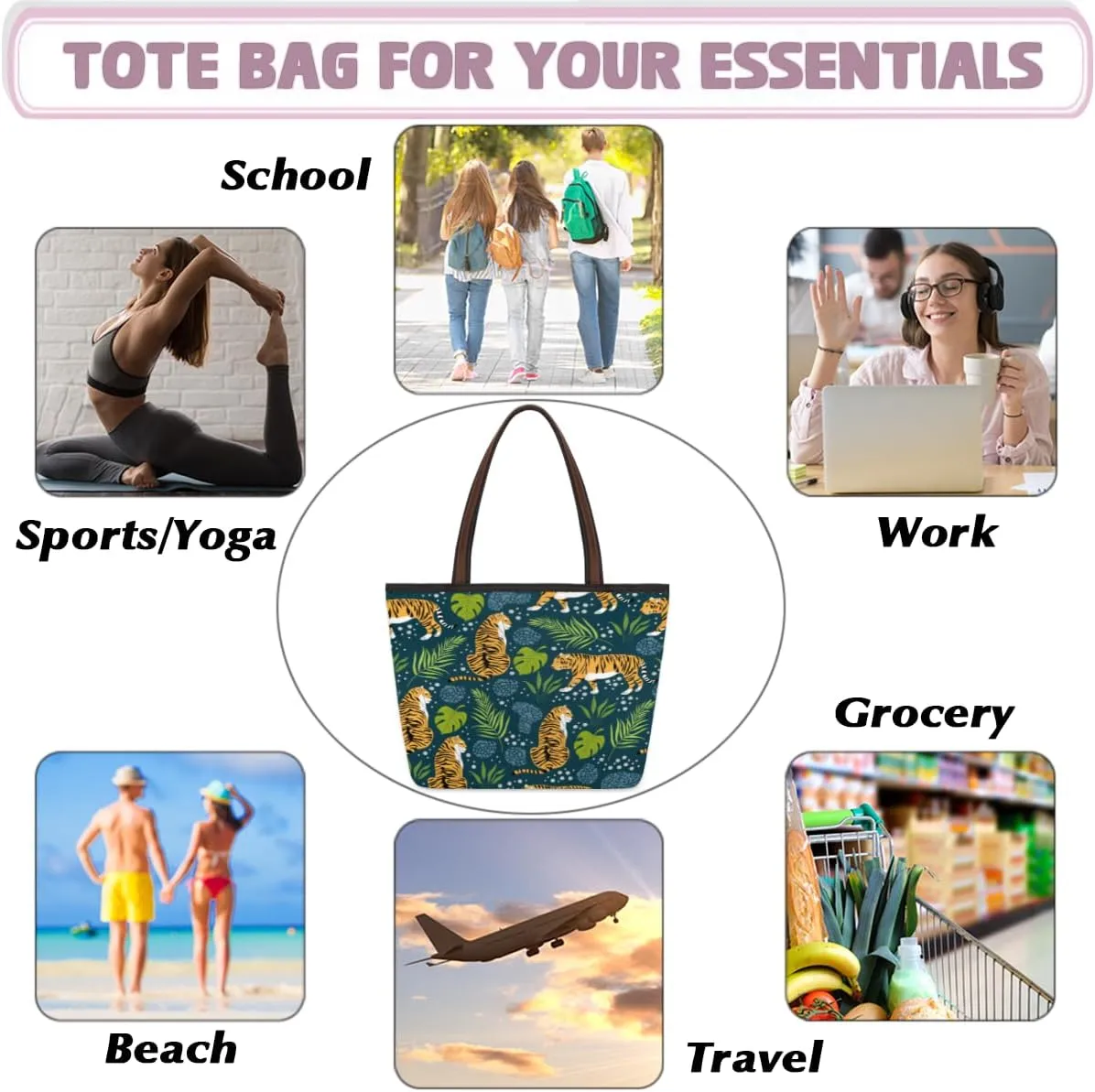 Tote Bag for Women with Zipper Large Capacity Top Handle Casual Shoulder Bag Handbag Reusable Shopping