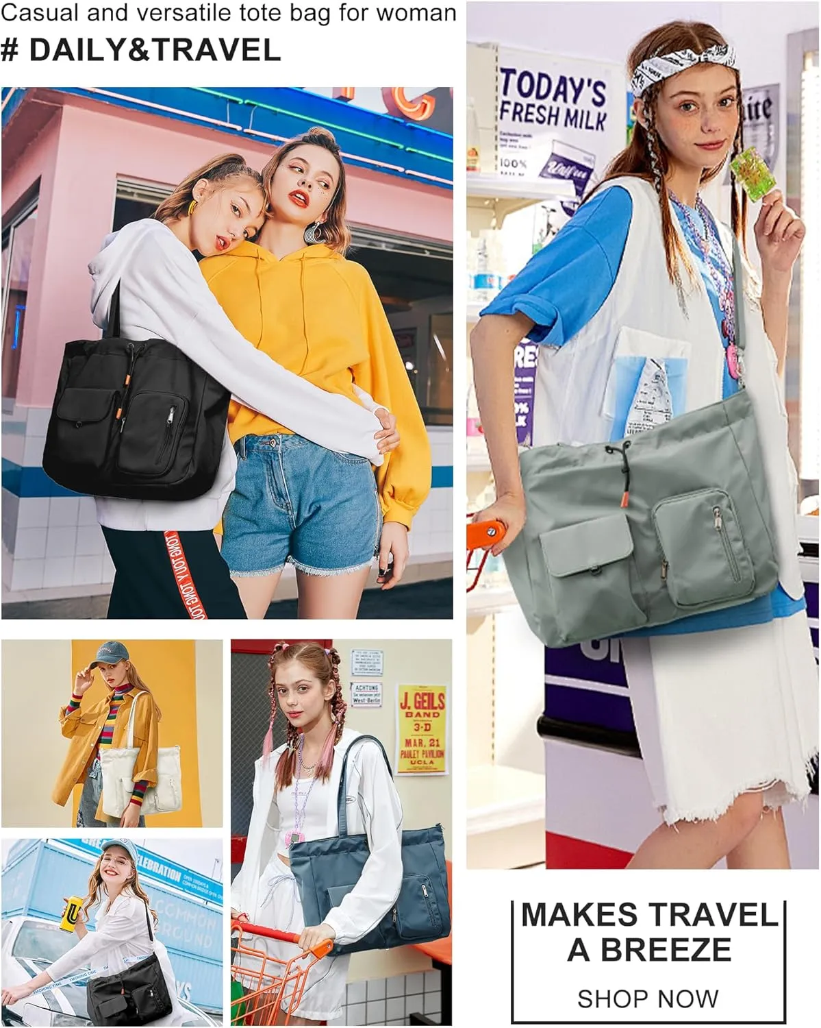 Tote Bags for Women with Toiletry Bag Sets Carry on bag Handbag Waterproof Casual Travel Beach Bag Crossbody Bag for Gym Work Travel Shopping Off White