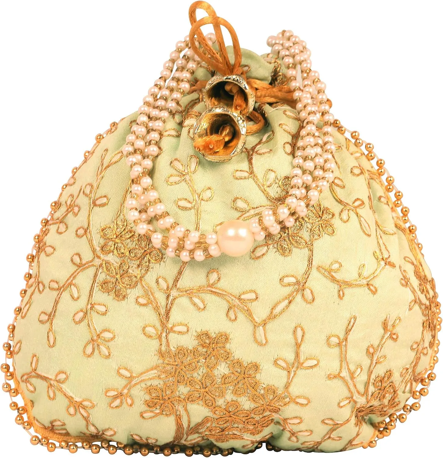 Touchstone Traditional Indian Hand Embroidered Shopping Gifts Jewelry Wedding Faux Pearls Strings Drawstring Bag for Women.