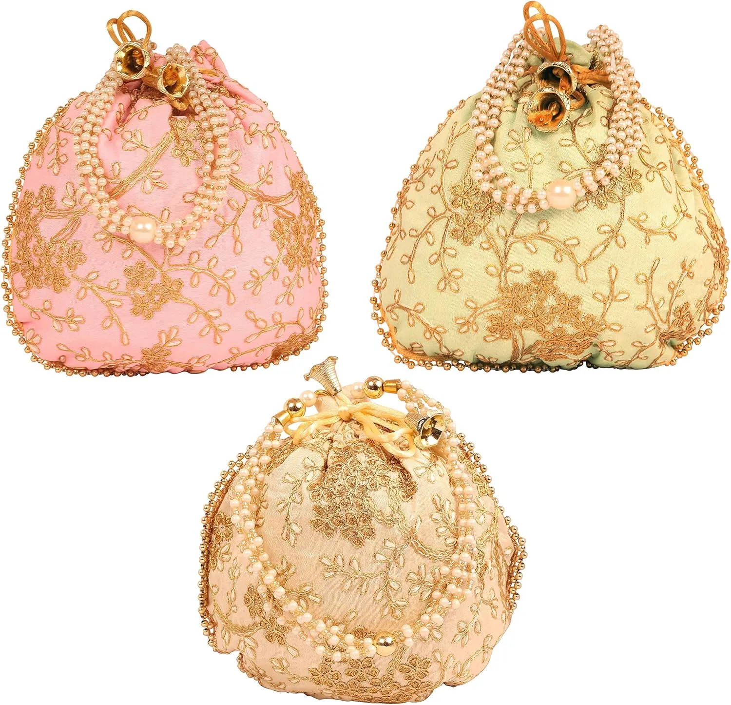 Touchstone Traditional Indian Hand Embroidered Shopping Gifts Jewelry Wedding Faux Pearls Strings Drawstring Bag for Women.