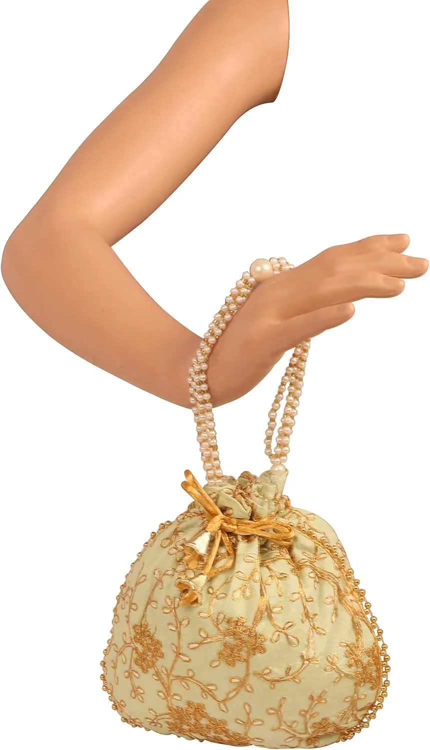 Touchstone Traditional Indian Hand Embroidered Shopping Gifts Jewelry Wedding Faux Pearls Strings Drawstring Bag for Women.