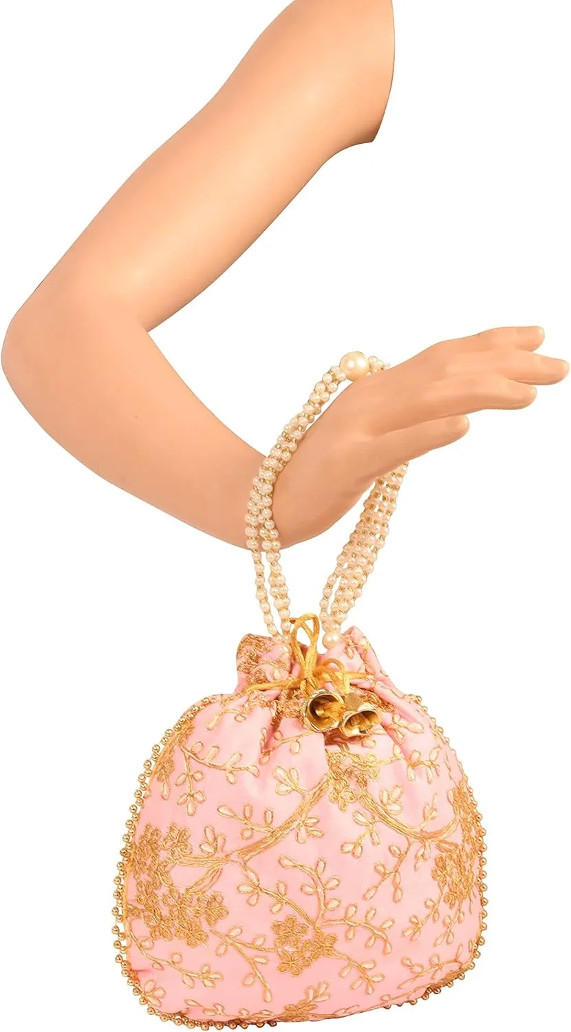 Touchstone Traditional Indian Hand Embroidered Shopping Gifts Jewelry Wedding Faux Pearls Strings Drawstring Bag for Women.