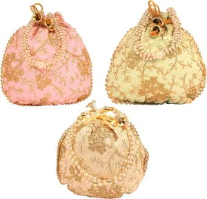 Touchstone Traditional Indian Hand Embroidered Shopping Gifts Jewelry Wedding Faux Pearls Strings Drawstring Bag for Women.