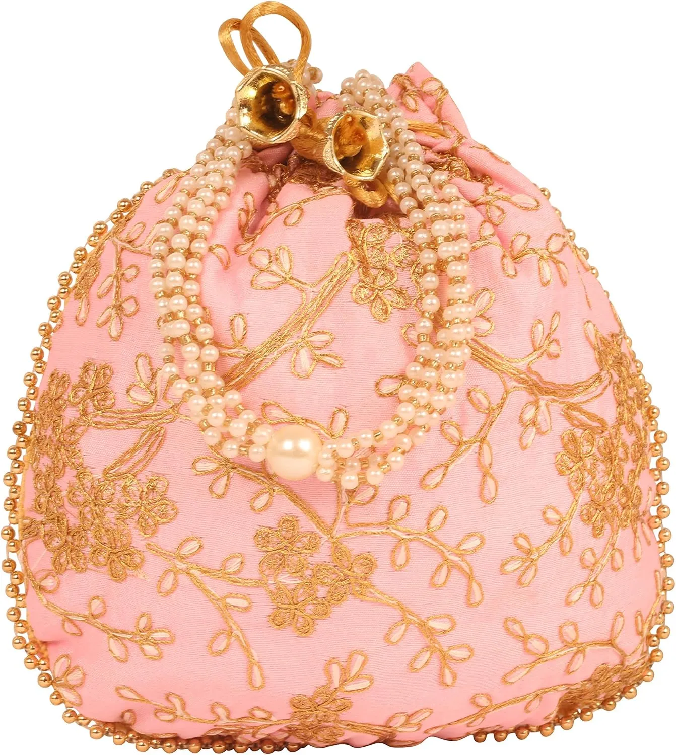 Touchstone Traditional Indian Hand Embroidered Shopping Gifts Jewelry Wedding Faux Pearls Strings Drawstring Bag for Women.