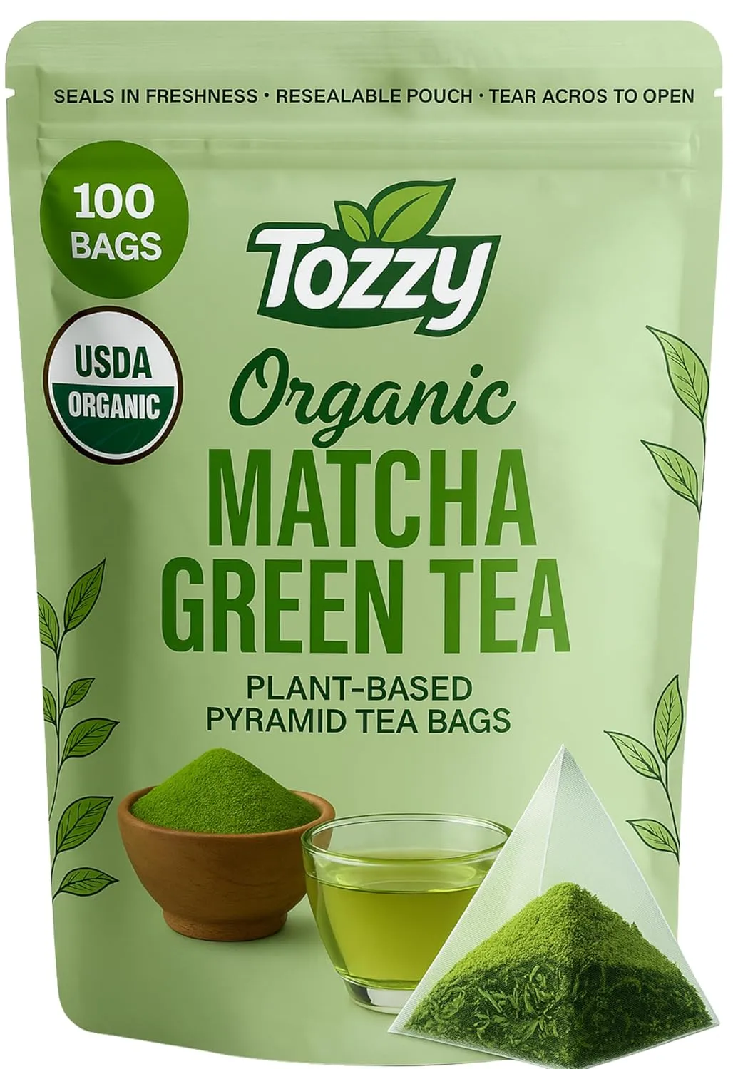 Tozzy Organic Matcha Green Tea - 100 Count | Pyramid Tea Bags (Plant-Based & Eco-conscious) | Ceremonial Matcha   Whole Leaf Sencha | Pure Ingredients