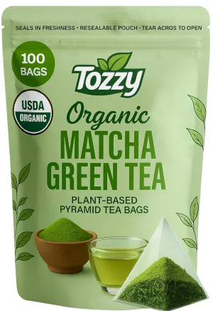 Tozzy Organic Matcha Green Tea - 100 Count | Pyramid Tea Bags (Plant-Based & Eco-conscious) | Ceremonial Matcha   Whole Leaf Sencha | Pure Ingredients