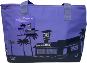 Trader Joe's Large Reusable Insulated Shopping Bag, Purple with Palm Trees Design, Mesh Interior Pocket