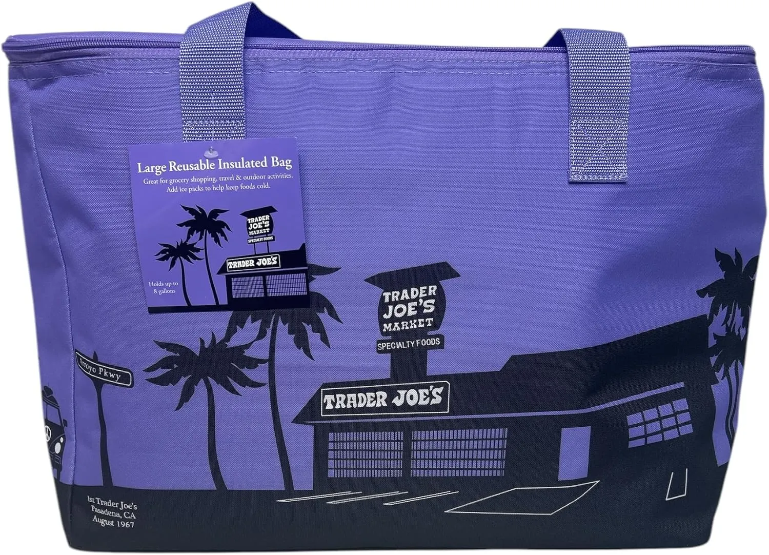 Trader Joe's Large Reusable Insulated Shopping Bag, Purple with Palm Trees Design, Mesh Interior Pocket