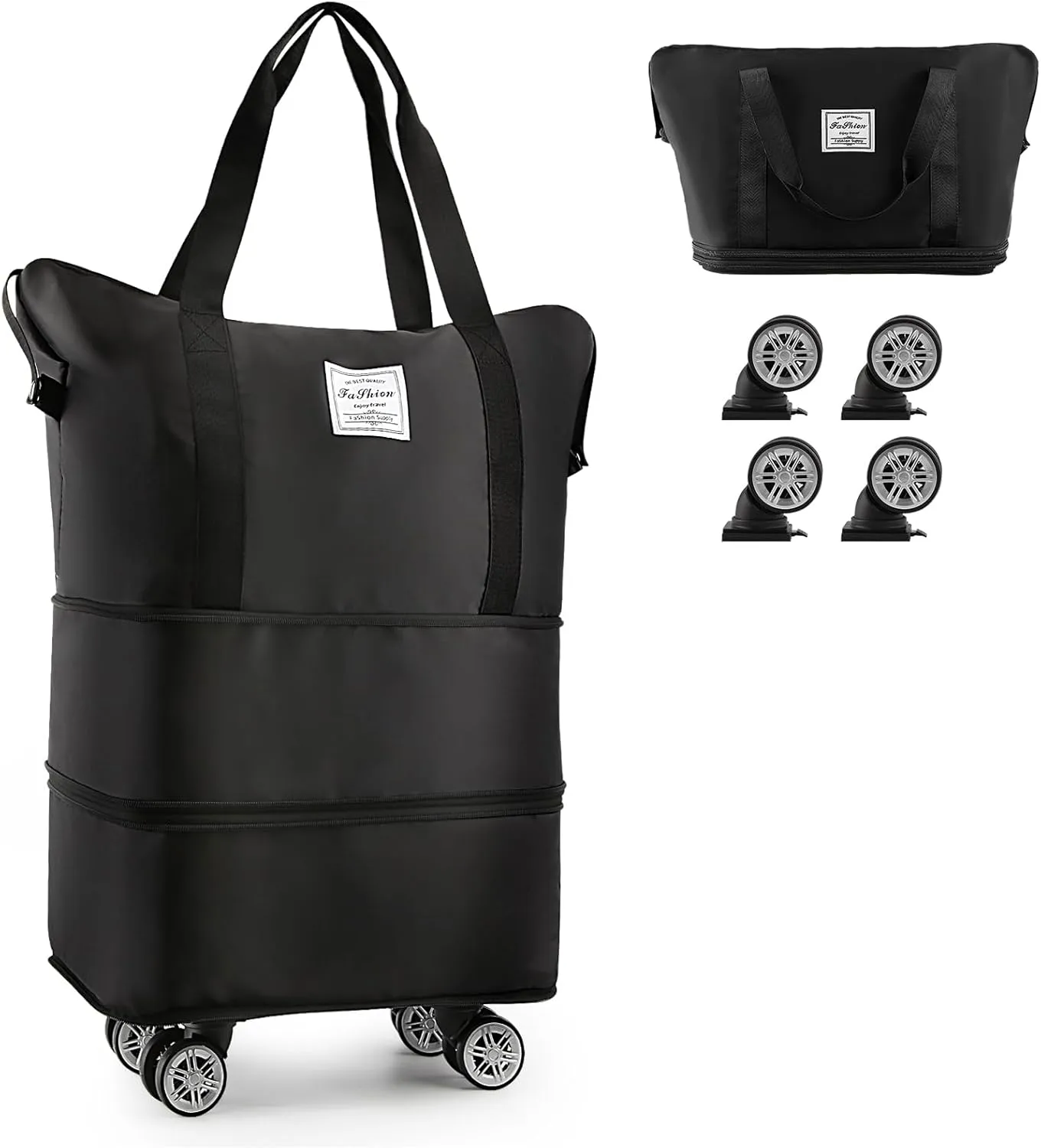 Travel Bag with Wheels and Handle, Expandable Foldable Duffle Bag with Detachable Rolling Wheels - Carry-on Duffel Bag - for Travel or the Gym