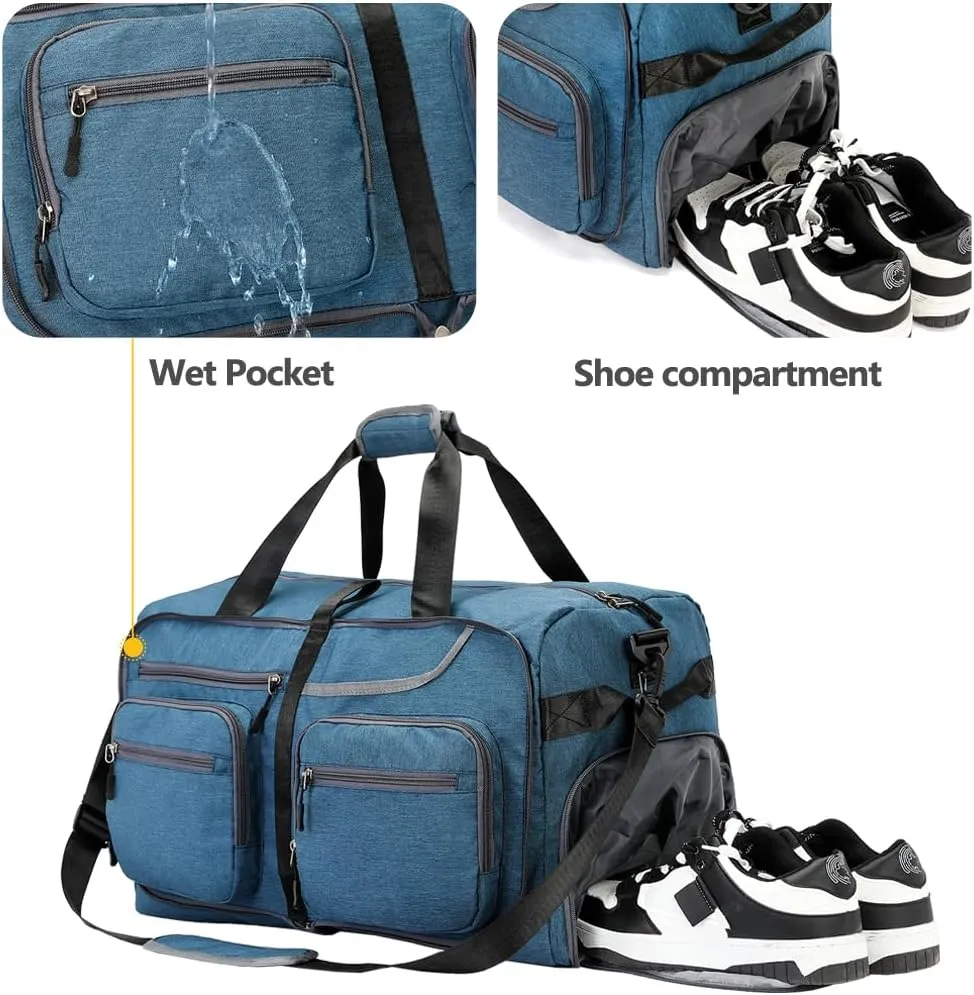 Travel Duffel Bag, 65L Foldable Travel Duffle Bag with Shoes Compartment and wet pocket, Waterproof & Tear Resistant