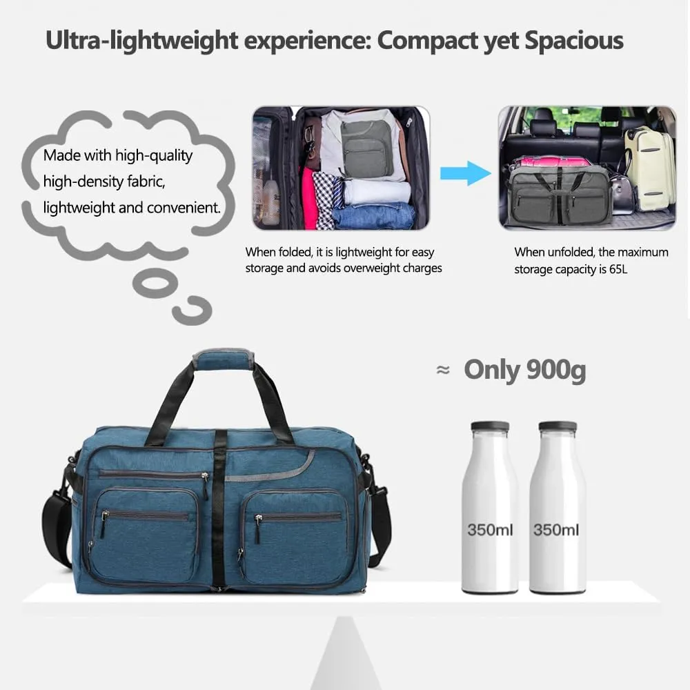 Travel Duffel Bag, 65L Foldable Travel Duffle Bag with Shoes Compartment and wet pocket, Waterproof & Tear Resistant
