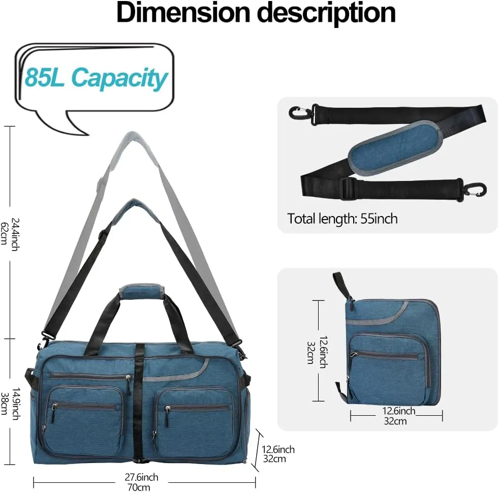 Travel Duffel Bag, 65L Foldable Travel Duffle Bag with Shoes Compartment and wet pocket, Waterproof & Tear Resistant