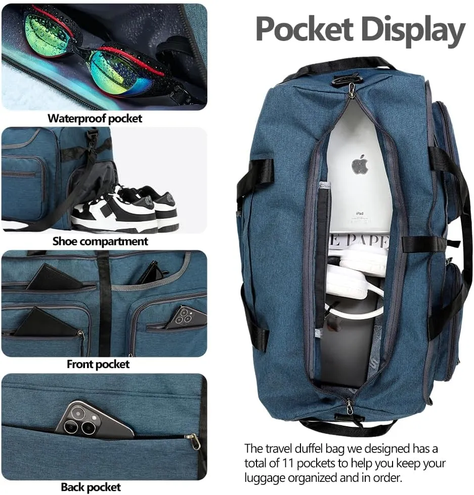 Travel Duffel Bag, 65L Foldable Travel Duffle Bag with Shoes Compartment and wet pocket, Waterproof & Tear Resistant