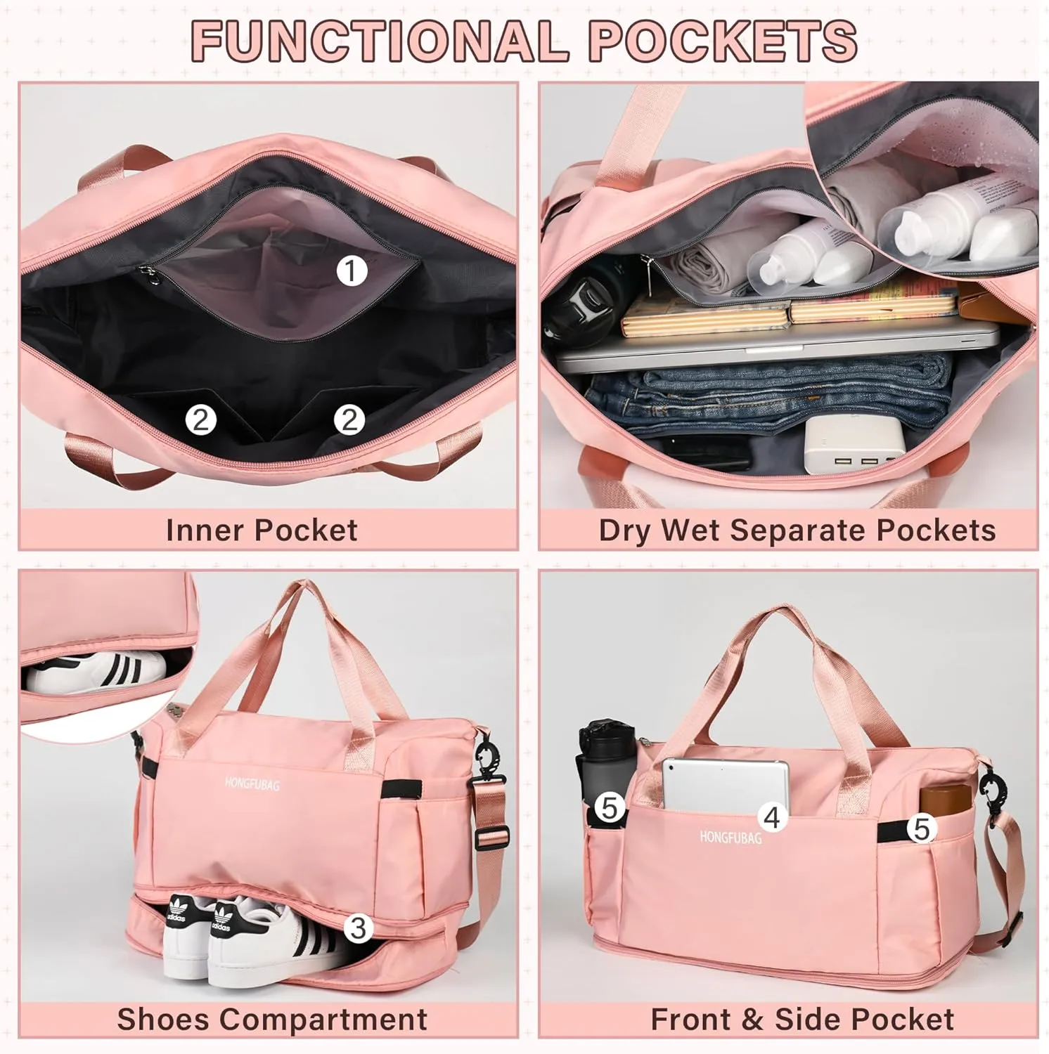 Travel Duffel Bag, Large Expandable Weekender Overnight Carry On Bag for Women, Gym Workout Bag, Mommy Hospital Bag for Labor and Delivery, Pink