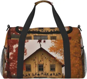 Travel Duffel Bag Lightweight Waterproof Carry On Tote Bag Foldable Weekender Overnight Bags Fall Country Barn Sport Gym Bag For Women Men