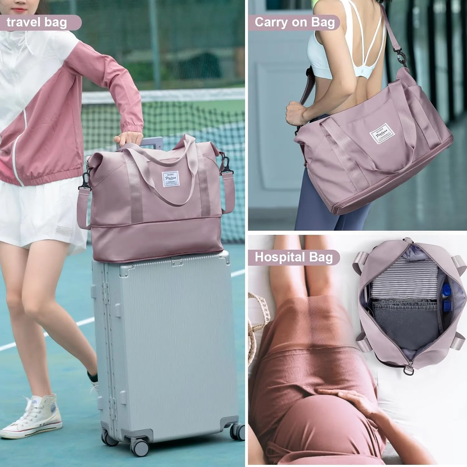 Travel Duffel Bag, Sports Tote Gym Bag, Shoulder Weekender Overnight Bag for Women