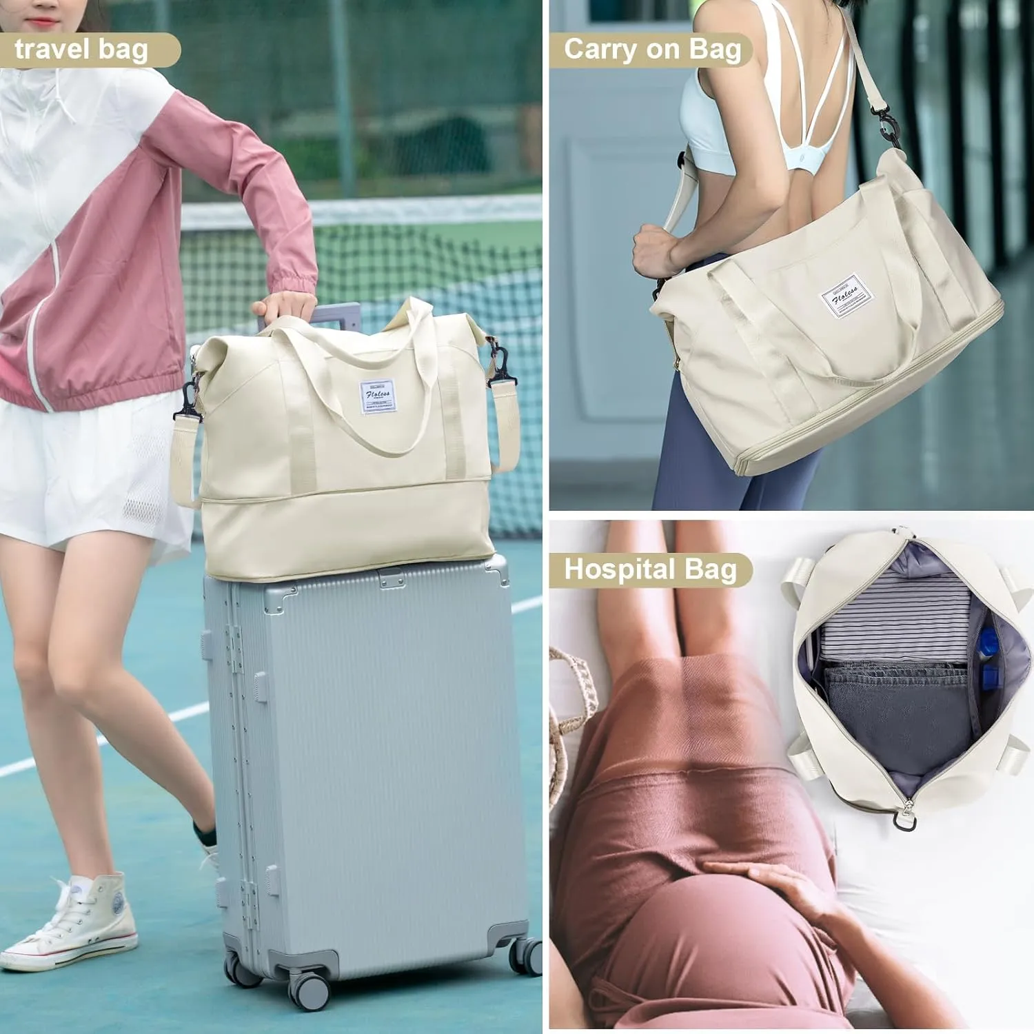 Travel Duffel Bag, Sports Tote Gym Bag, Shoulder Weekender Overnight Bag for Women