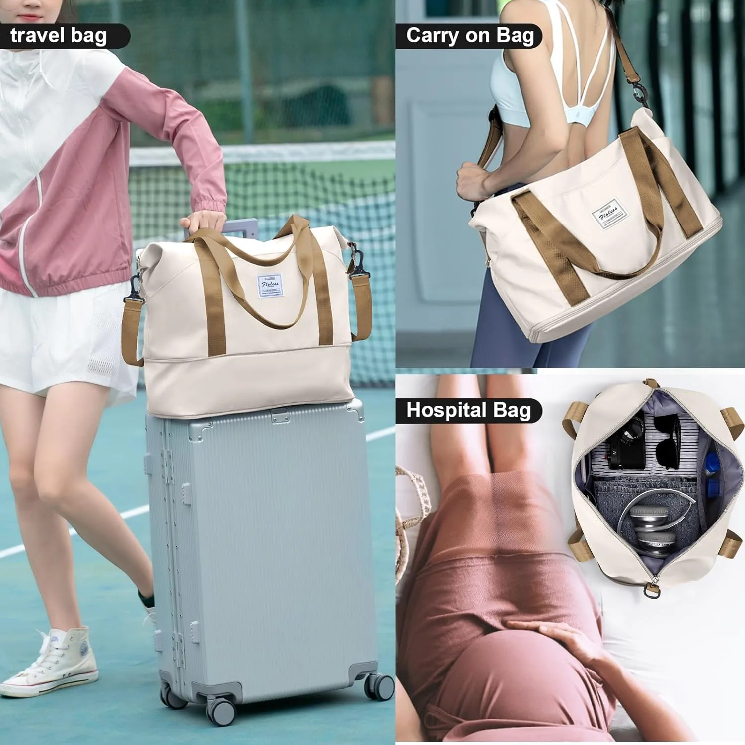Travel Duffel Bag, Sports Tote Gym Bag, Shoulder Weekender Overnight Bag for Women
