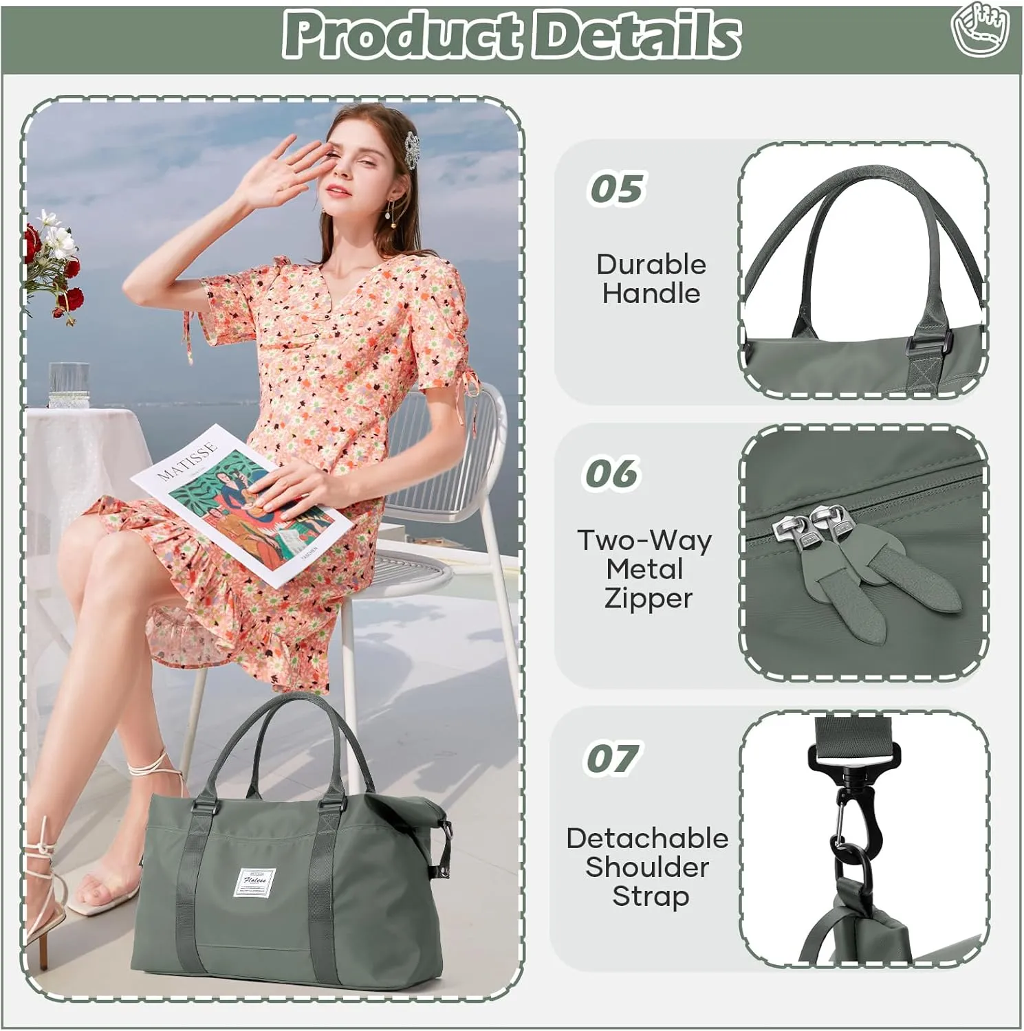 Travel Duffel Bag, Weekender Bags for Women, Overnight Gym Carry On Tote Bag with Wet Pocket, Hospital Mom Bag for Labor and Delivery - Green