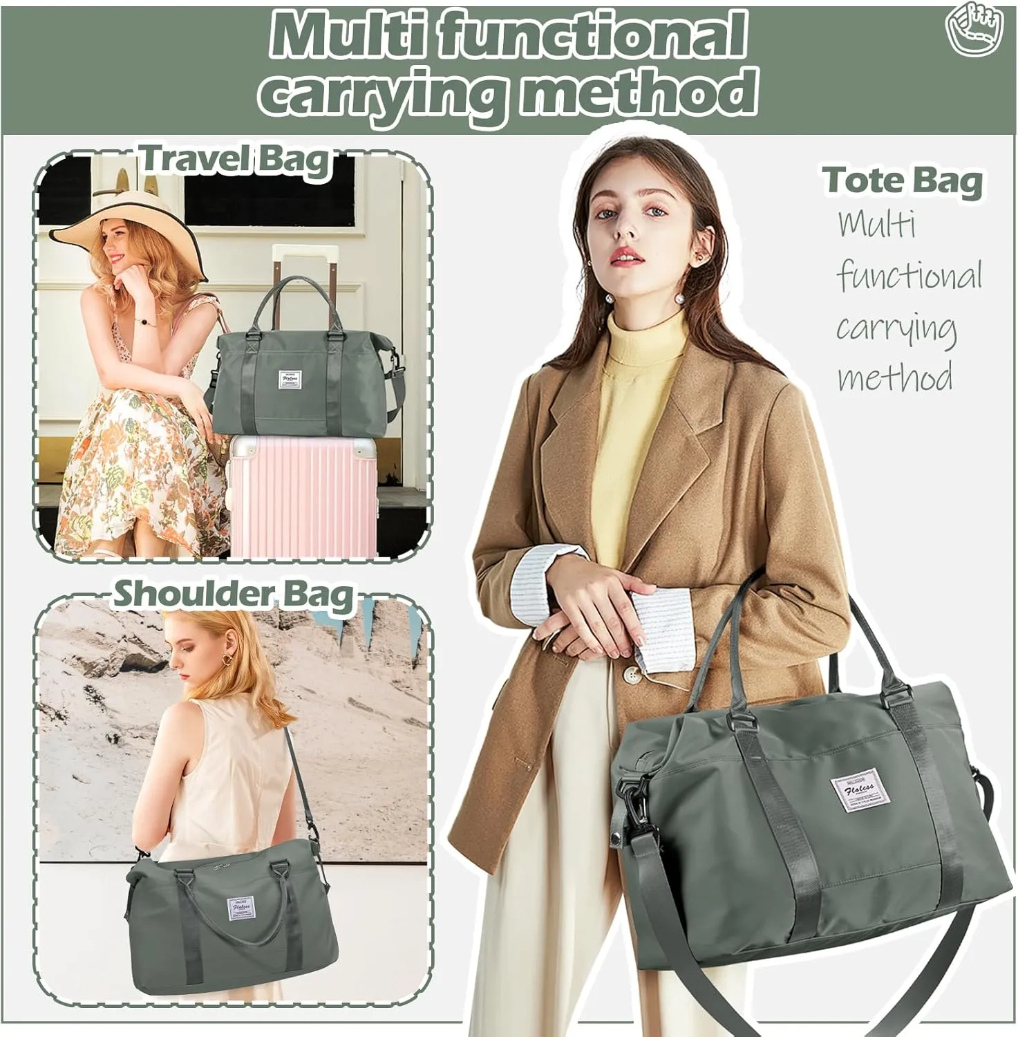 Travel Duffel Bag, Weekender Bags for Women, Overnight Gym Carry On Tote Bag with Wet Pocket, Hospital Mom Bag for Labor and Delivery - Green