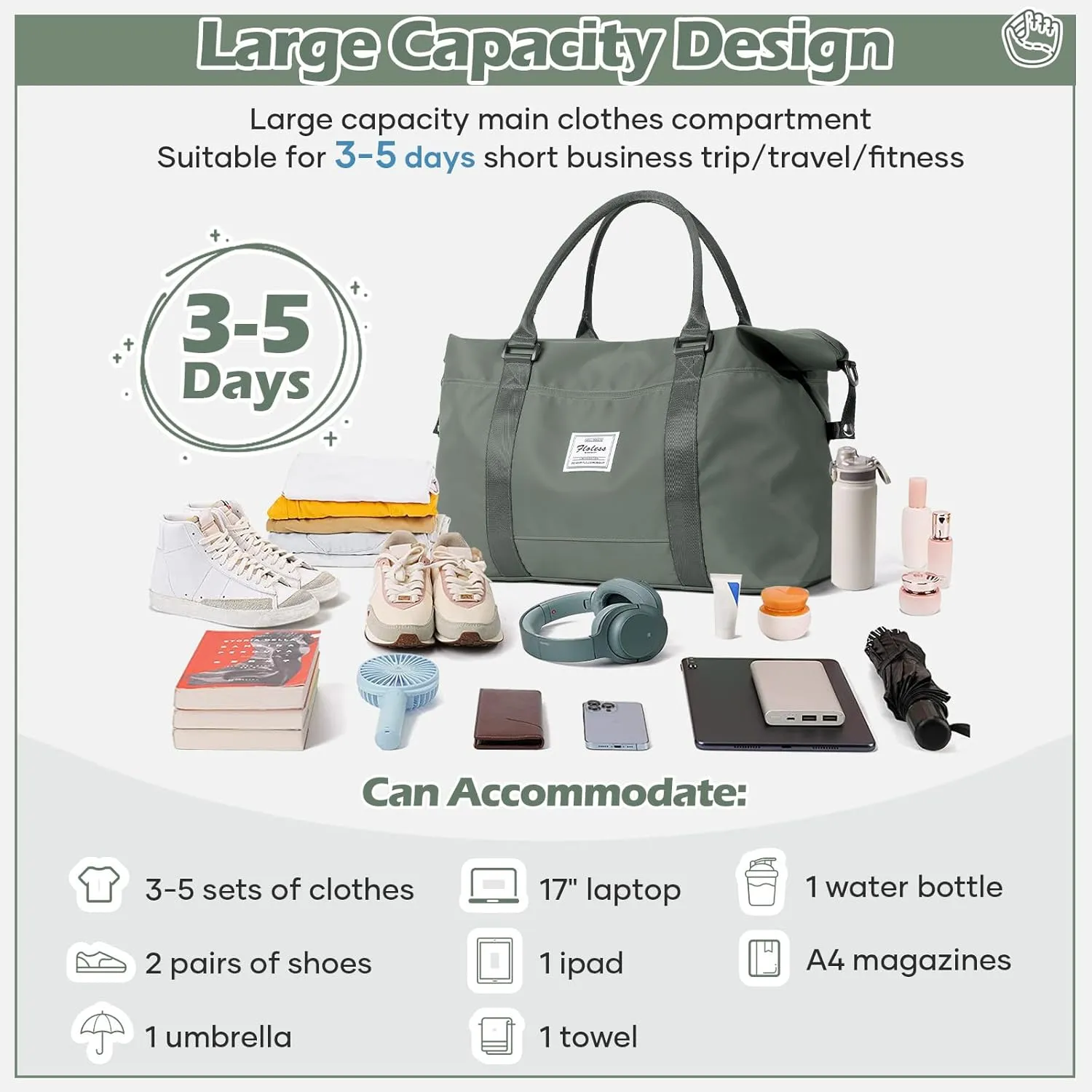 Travel Duffel Bag, Weekender Bags for Women, Overnight Gym Carry On Tote Bag with Wet Pocket, Hospital Mom Bag for Labor and Delivery - Green