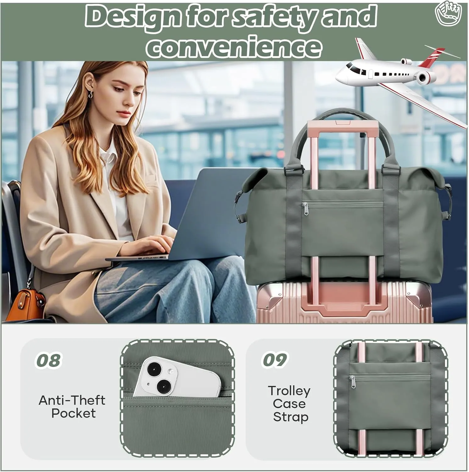 Travel Duffel Bag, Weekender Bags for Women, Overnight Gym Carry On Tote Bag with Wet Pocket, Hospital Mom Bag for Labor and Delivery - Green