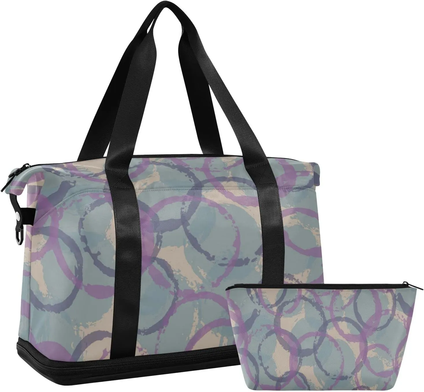 Travel Duffel Bag with Toiletry Bag, Large Sports Tote Gym Bag, Waterproof Packable Duffle Bag with Shoe Compartment, Circles Geometry Print Weekender Overnight Bag Gym Bag for Women Men