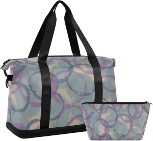 Travel Duffel Bag with Toiletry Bag, Large Sports Tote Gym Bag, Waterproof Packable Duffle Bag with Shoe Compartment, Circles Geometry Print Weekender Overnight Bag Gym Bag for Women Men