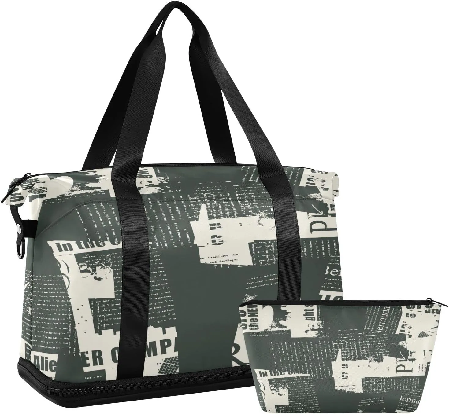 Travel Duffel Bag with Toiletry Bag, Large Sports Tote Gym Bag, Waterproof Packable Duffle Bag with Shoe Compartment, Newspaper Pattern Weekender Overnight Bag Gym Bag for Women Men