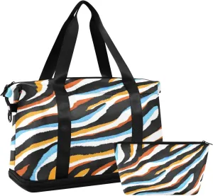 Travel Duffel Bag with Toiletry Bag, Large Sports Tote Gym Bag, Waterproof Packable Duffle Bag with Shoe Compartment, Zebra Print Weekender Overnight Bag Gym Bag for Women Men
