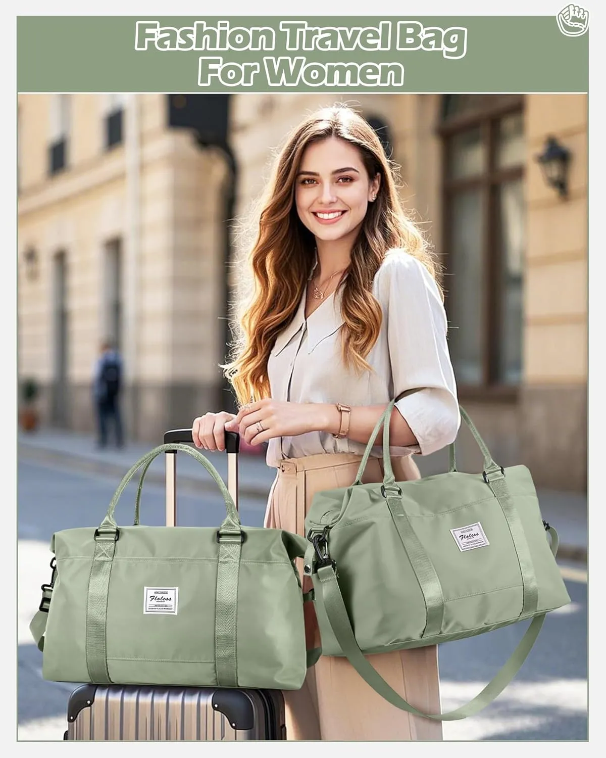 Travel Duffel Bags for Women Mens Waterproof Weekender Carry on Bag Sports Gym Bag Travel Tote Bags with Wet Pocket Overnight Bag Workout Duffel Bags with Trolley Sleeve Grey Green