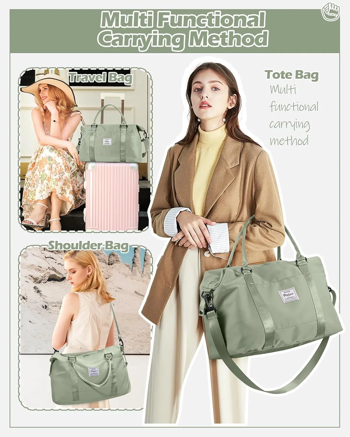 Travel Duffel Bags for Women Mens Waterproof Weekender Carry on Bag Sports Gym Bag Travel Tote Bags with Wet Pocket Overnight Bag Workout Duffel Bags with Trolley Sleeve Grey Green