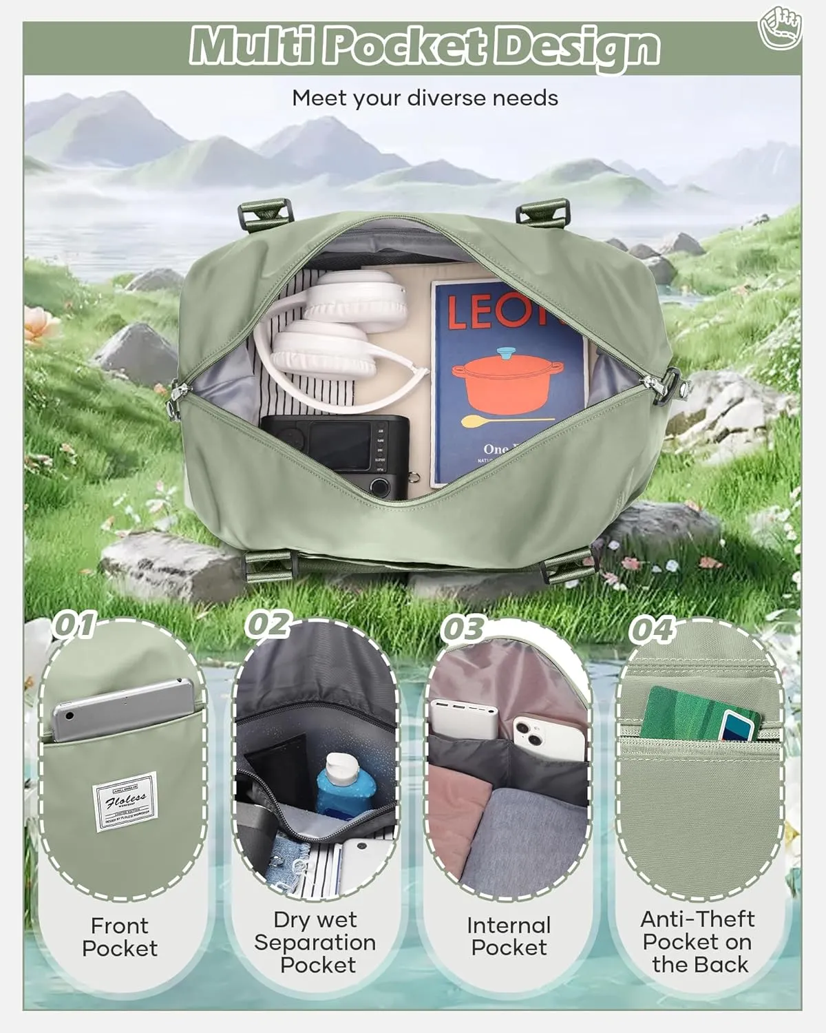 Travel Duffel Bags for Women Mens Waterproof Weekender Carry on Bag Sports Gym Bag Travel Tote Bags with Wet Pocket Overnight Bag Workout Duffel Bags with Trolley Sleeve Grey Green