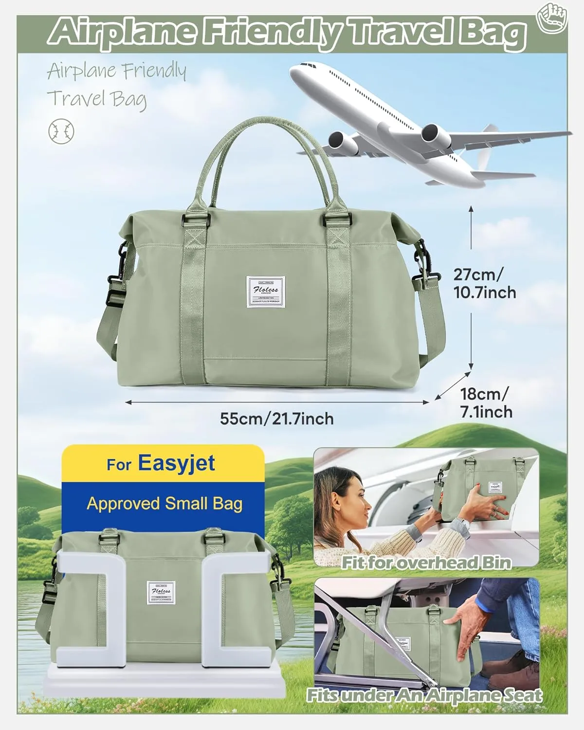 Travel Duffel Bags for Women Mens Waterproof Weekender Carry on Bag Sports Gym Bag Travel Tote Bags with Wet Pocket Overnight Bag Workout Duffel Bags with Trolley Sleeve Grey Green
