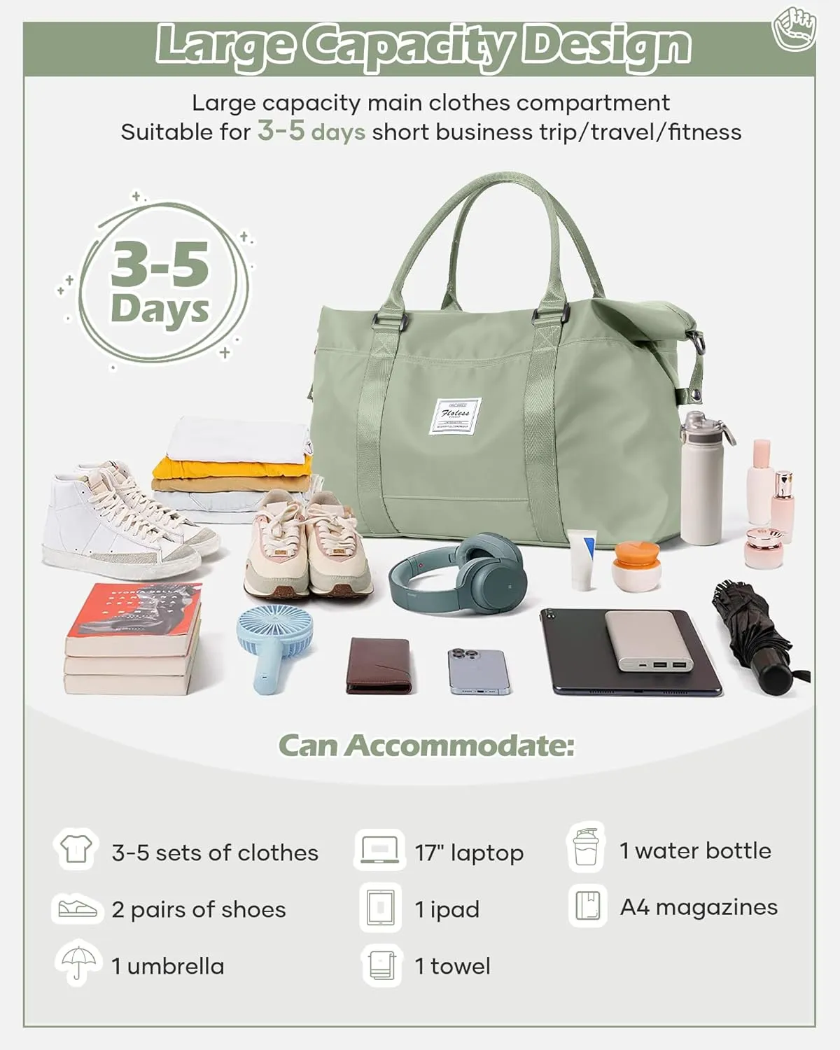 Travel Duffel Bags for Women Mens Waterproof Weekender Carry on Bag Sports Gym Bag Travel Tote Bags with Wet Pocket Overnight Bag Workout Duffel Bags with Trolley Sleeve Grey Green