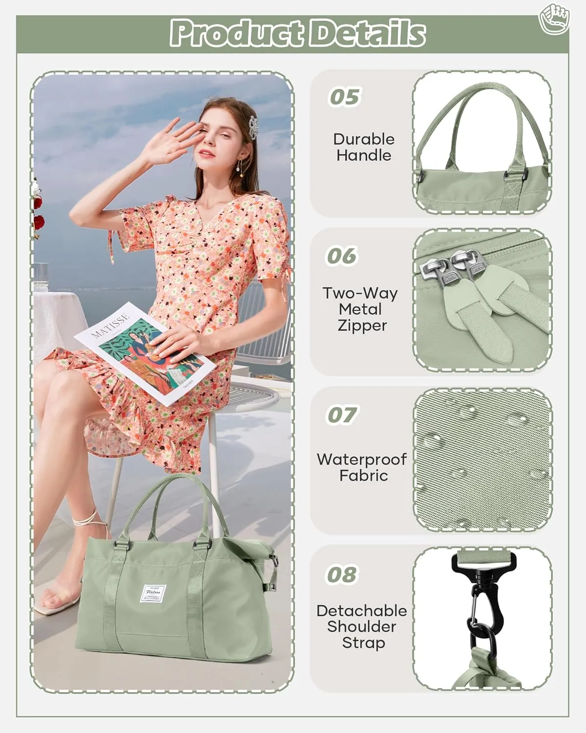 Travel Duffel Bags for Women Mens Waterproof Weekender Carry on Bag Sports Gym Bag Travel Tote Bags with Wet Pocket Overnight Bag Workout Duffel Bags with Trolley Sleeve Grey Green