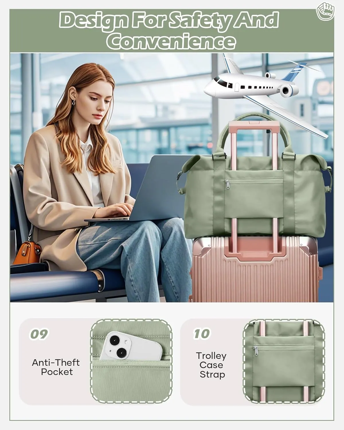 Travel Duffel Bags for Women Mens Waterproof Weekender Carry on Bag Sports Gym Bag Travel Tote Bags with Wet Pocket Overnight Bag Workout Duffel Bags with Trolley Sleeve Grey Green