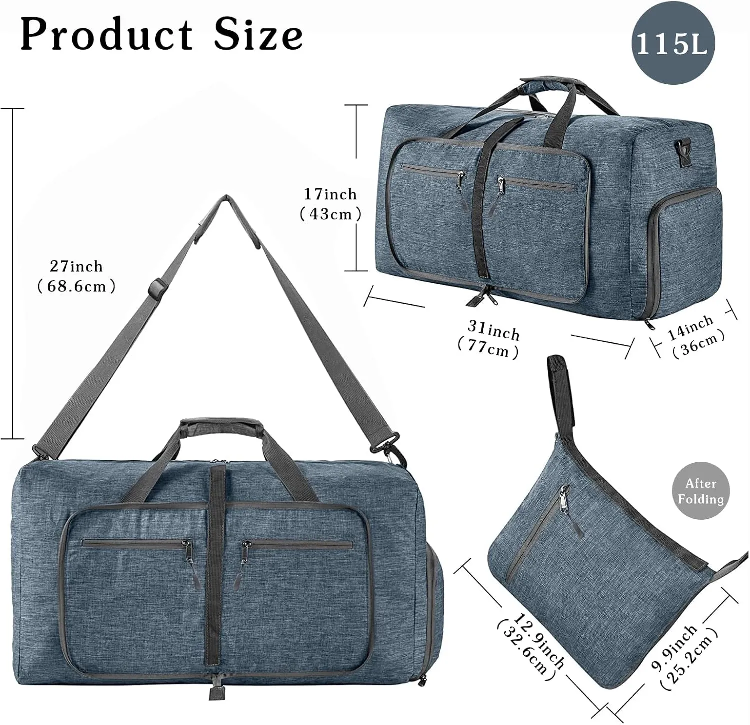 Travel Duffle Bag for Men/Women 115L Foldable Sport Duffel Bag Gym Tote Bag with Shoes Compartment Large Overnight Bag Weekend Shoulder Bag Lightweight Carry On Luggage Hospital Bag Blue B