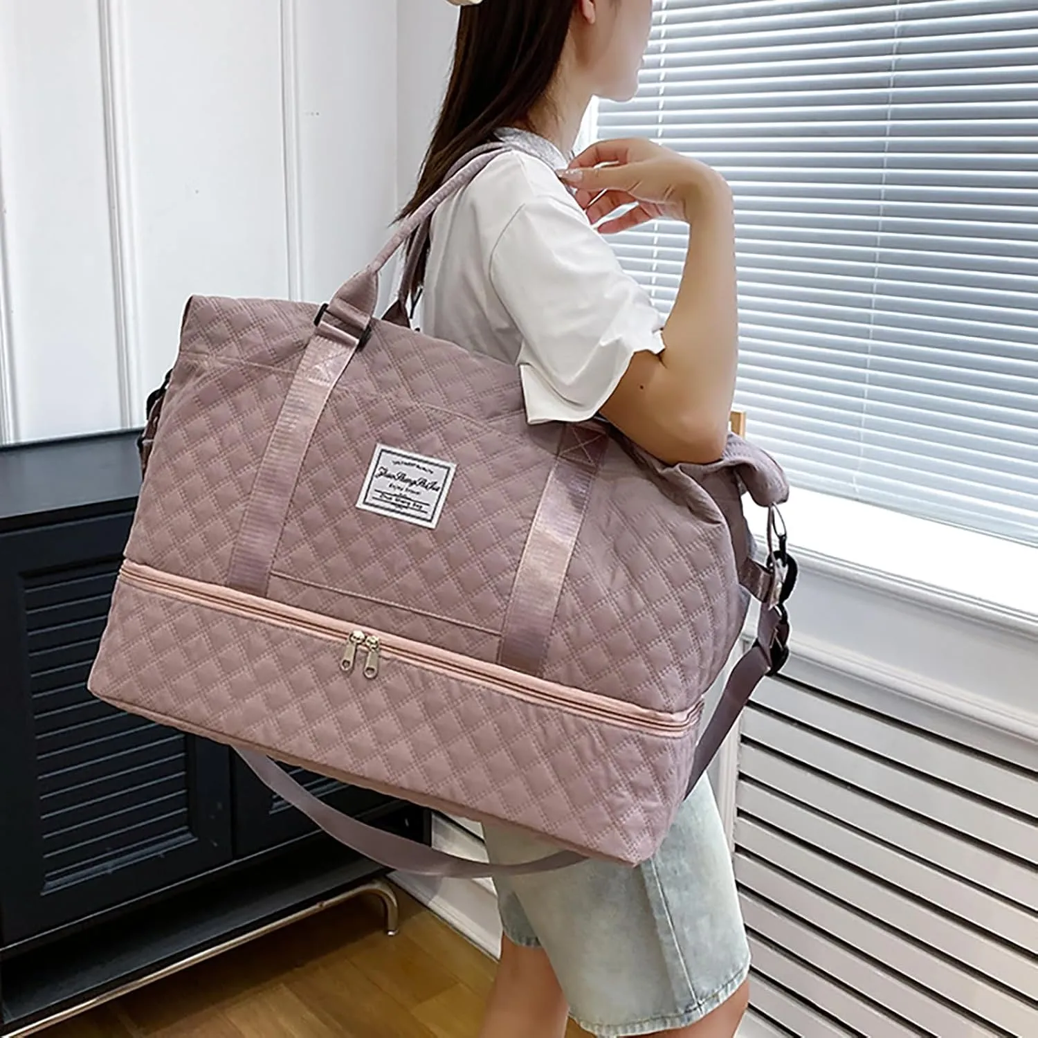 Travel Duffle Bag for Women with Shoe Compartment Carry on Overnight Bag with Toiletry Bag Gym Totes Bags with Wet Pocket Hospital Bags (Bean Large Bag)