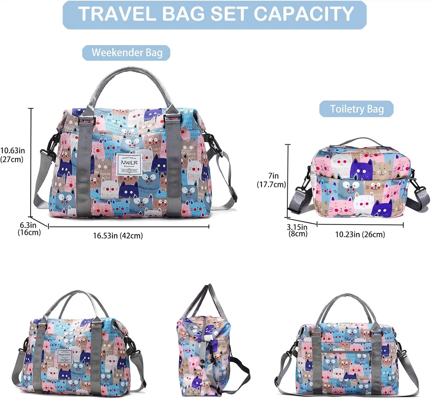 Travel Duffle Bag Weekender Overnight Bag Gym Tote with Wet Pocket for Women Girls Workout Duffel Bag Water Resistant (W-Cute Dinosaurs Toiletry Bag)