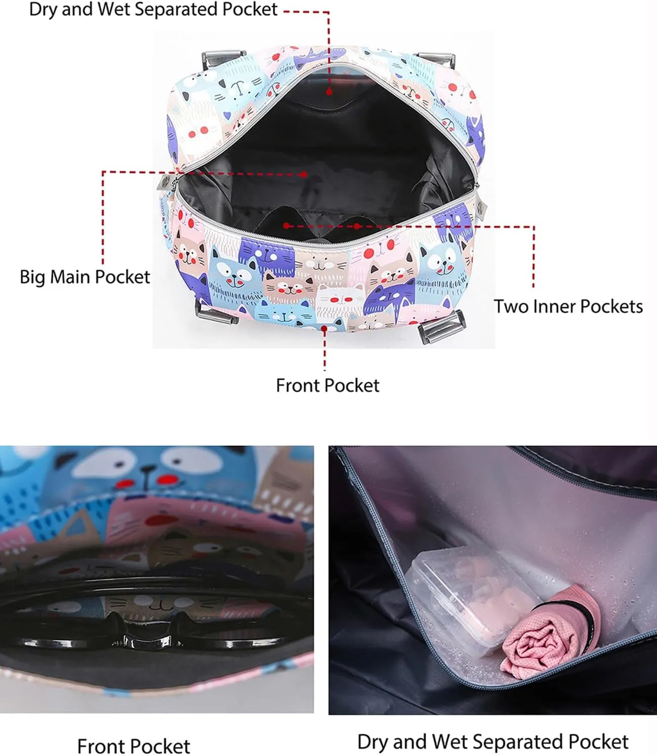 Travel Duffle Bag Weekender Overnight Bag Gym Tote with Wet Pocket for Women Girls Workout Duffel Bag Water Resistant (W-Cute Dinosaurs Toiletry Bag)