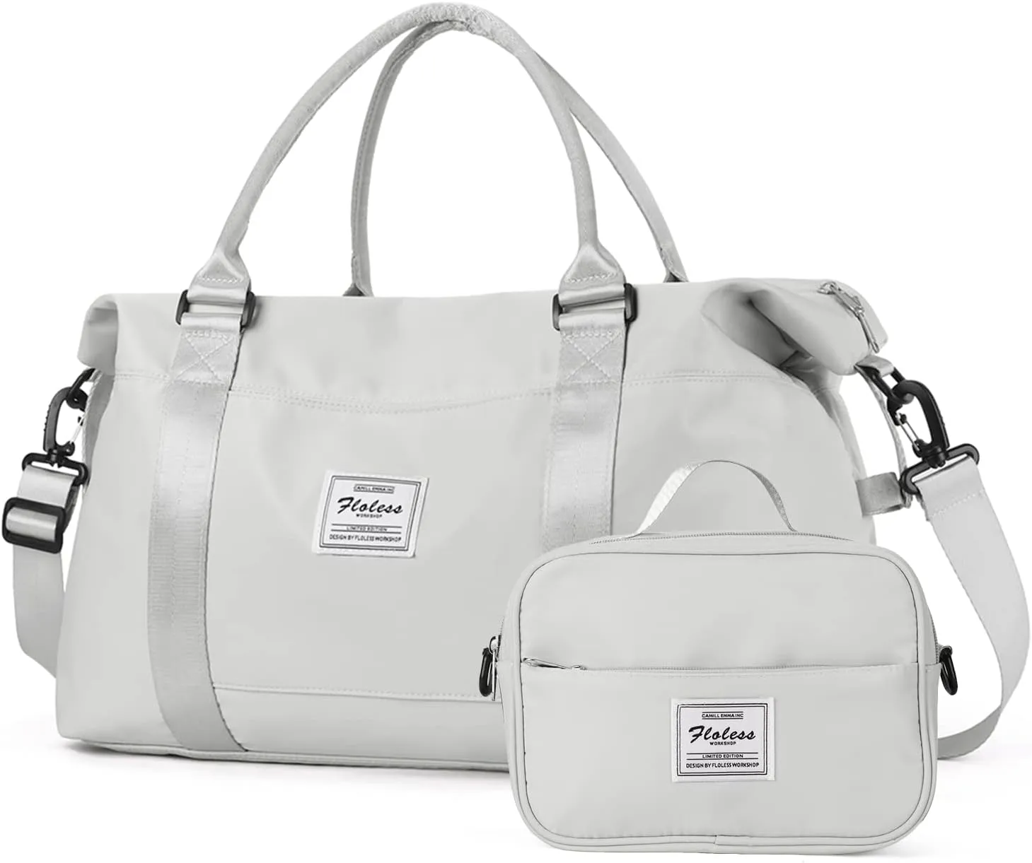 Travel Duffle Bag with toiletry bag，Weekender Bags for Women,Waterproof Carry on Bag Overnight Bag with Wet Pocket&Trolley Sleeve，Sports Tote Gym Bag，Light Grey